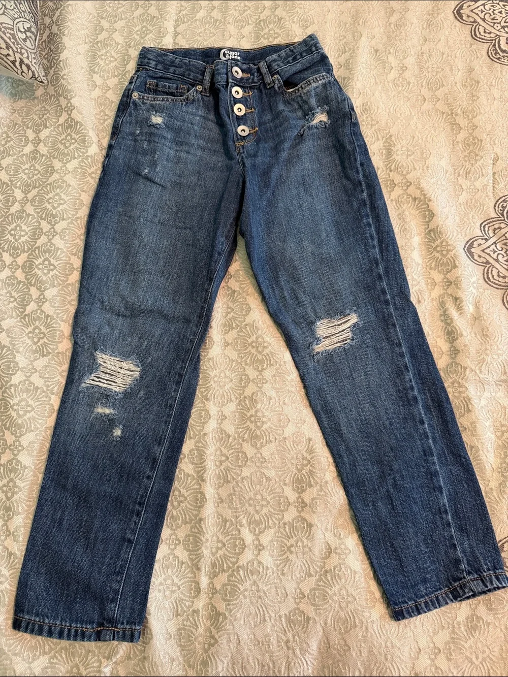 Button-Fly Distressed Kids Jeans in Dark Blue